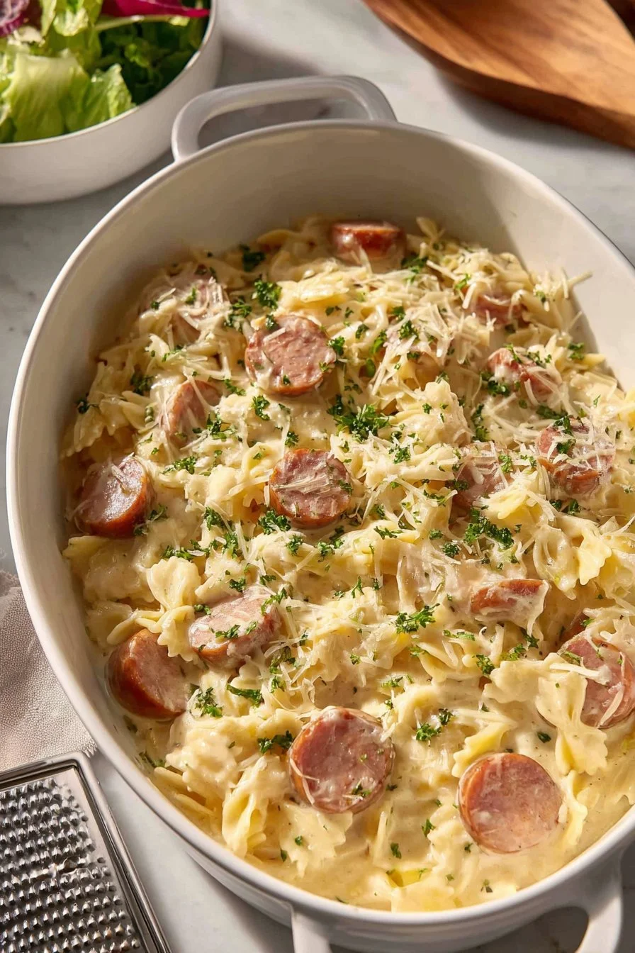 Sausage Alfredo Pasta | Quick and Easy Dinner Recipe 1 Creamy Sausage Alfredo Pasta in a bowl garnished with parsley