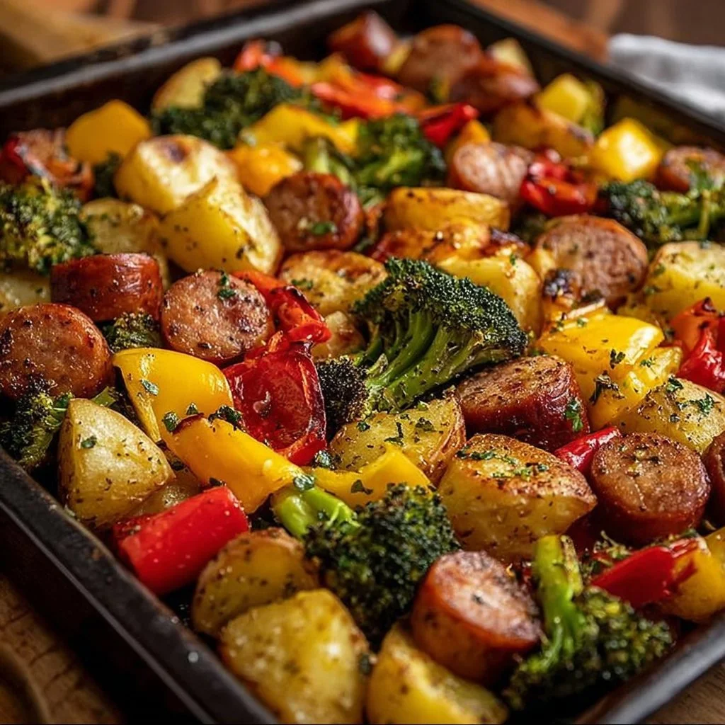 Sheet Pan Sausage and Veggies: A Simple Delight! 3 Sheet pan sausage and veggies dish, showcasing colorful vegetables and sausages on a baking tray.