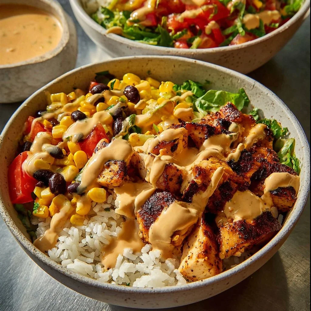 Southwest Chicken Bowls 3 Delicious Southwest Chicken Bowl topped with fresh ingredients and spices.