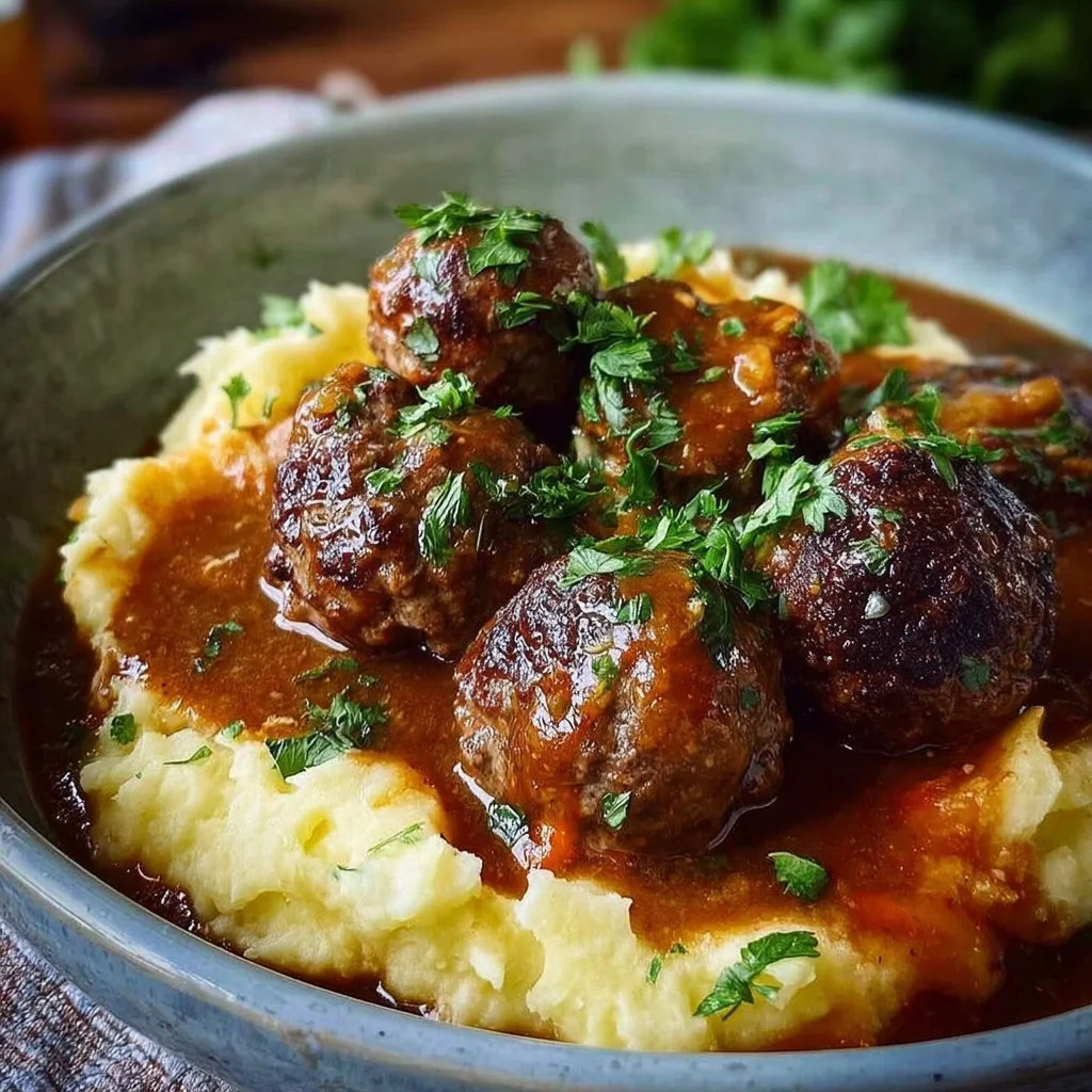 Stuffed Meatballs with Guinness Gravy and Colcannon 2 Stuffed Meatballs with Guinness Gravy and Colcannon