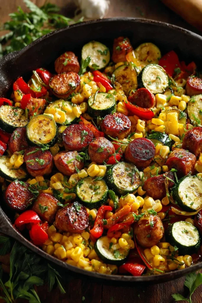 SUMMER DINNER - Sausage and Veggies Skillet with Bell Peppers, Zucchini, Corn. 30 Minutes, One-Pan. 3 summer dinner sausage and veggies skillet with b 2026 01 31 144828 683x1024 1