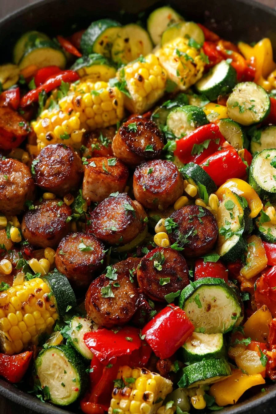 SUMMER DINNER - Sausage and Veggies Skillet with Bell Peppers, Zucchini, Corn. 30 Minutes, One-Pan. 2 SUMMER DINNER - Sausage and Veggies Skillet with Bell Peppers, Zucchini, Corn. 30 Minutes, One-Pan.
