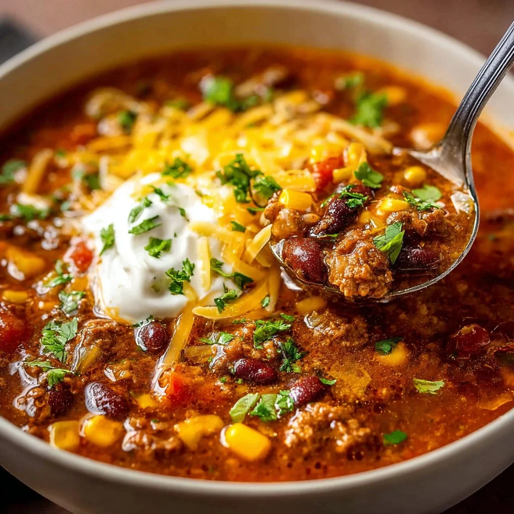 The Best Taco Soup Recipe 3 A steaming bowl of taco soup topped with cheese and cilantro