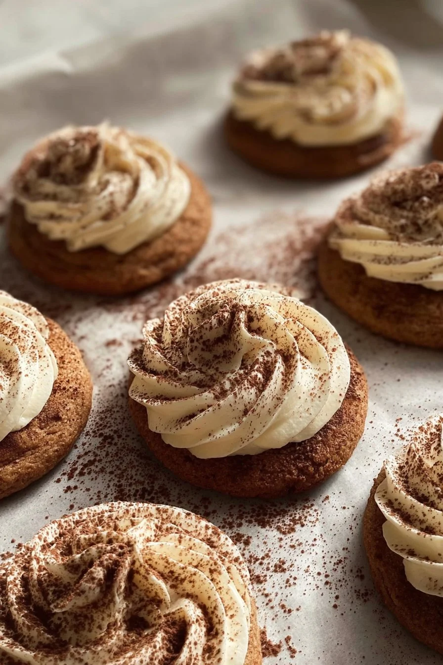 Tiramisu Cookies 1 Delicious tiramisu cookies with coffee and cocoa layers on a plate.