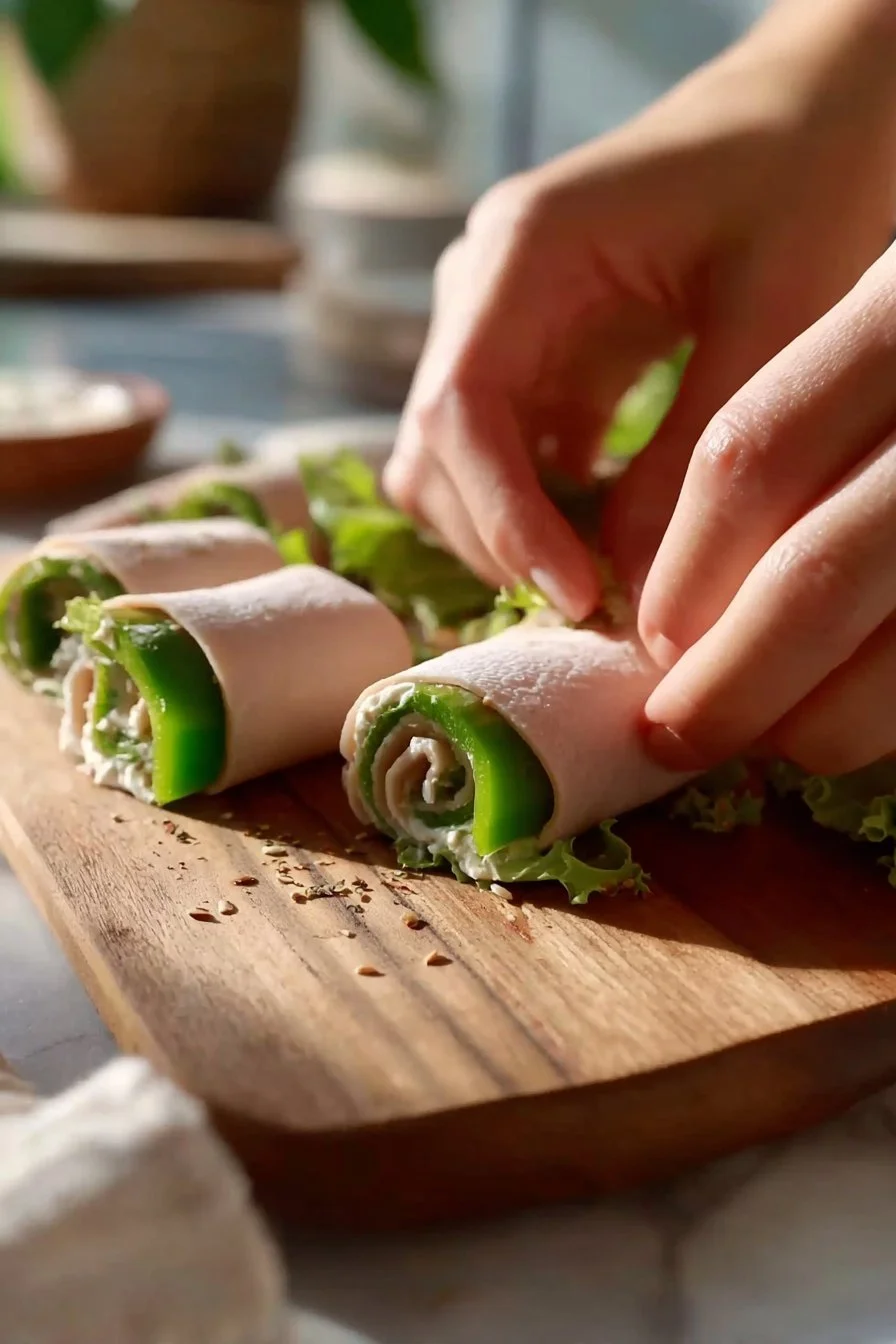 Turkey Hummus Roll-Ups 1 Turkey Hummus Roll-Ups served on a plate, garnished with fresh vegetables