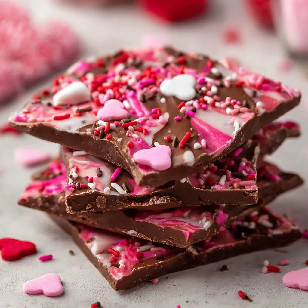 Valentine’s Day Chocolate Bark 3 Homemade Valentine's Day chocolate bark decorated with colorful sprinkles