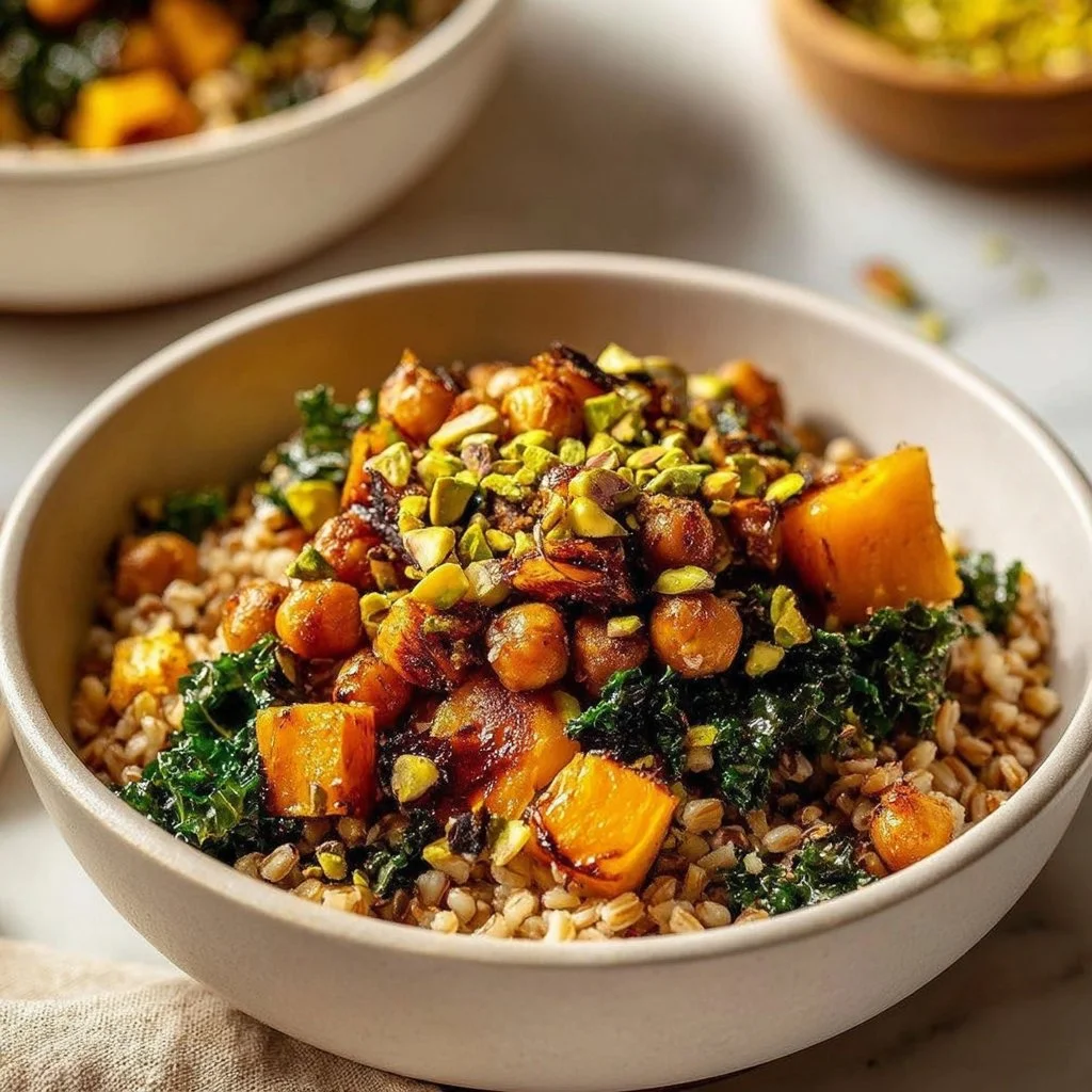 Vegan Farro Grain Bowl 2 Vegan Farro Grain Bowl with fresh vegetables and herbs