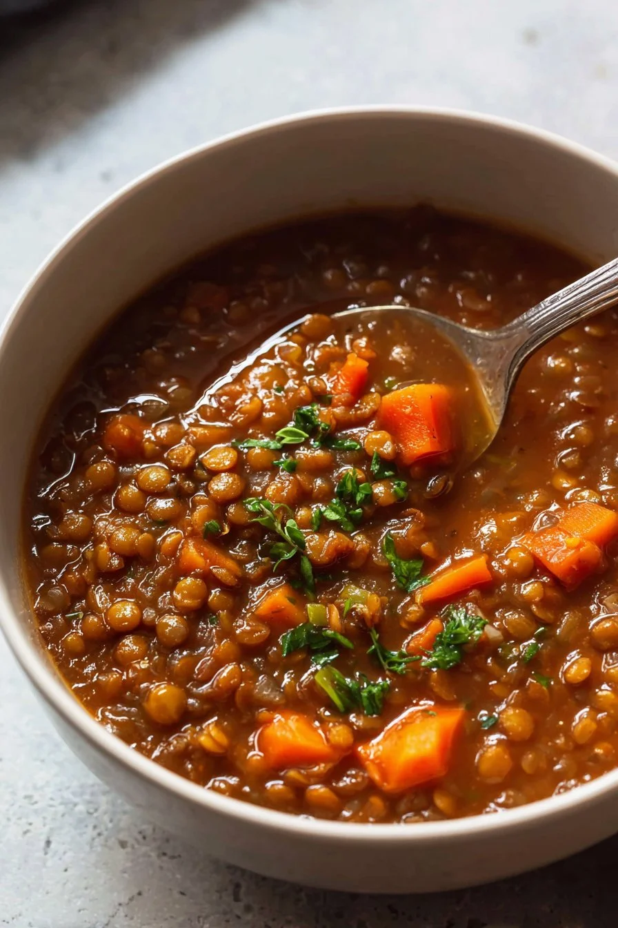 Vegan Lentil Soup 1 Bowl of Vegan Lentil Soup with vegetables and herbs