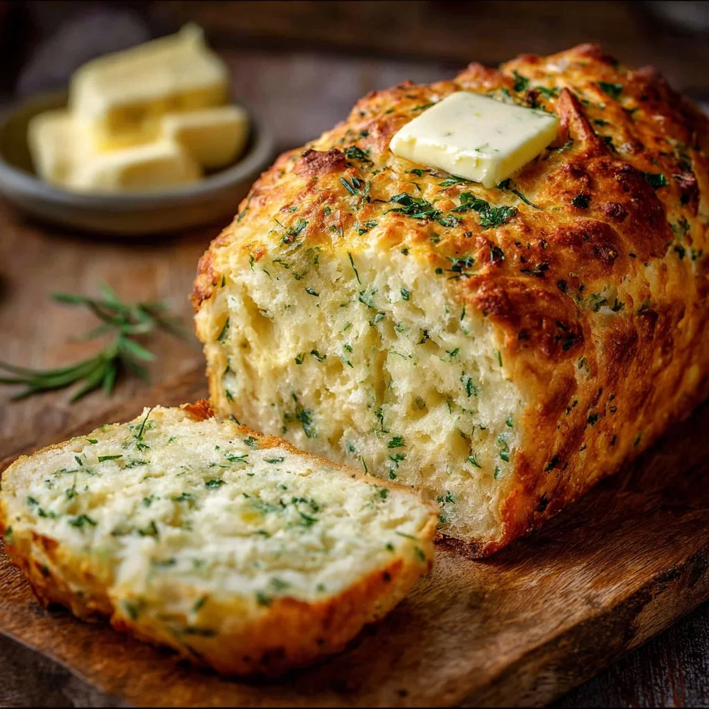 2-Ingredient Cottage Cheese Bread 3 Freshly baked 2-Ingredient Cottage Cheese Bread sliced on a wooden board.