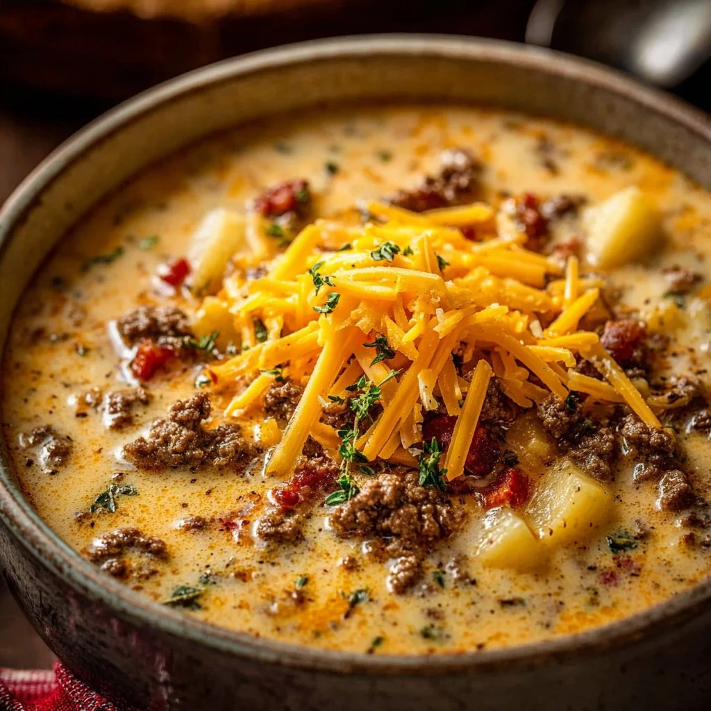 Bacon Cheeseburger Soup 3 Bowl of delicious Bacon Cheeseburger Soup with toppings