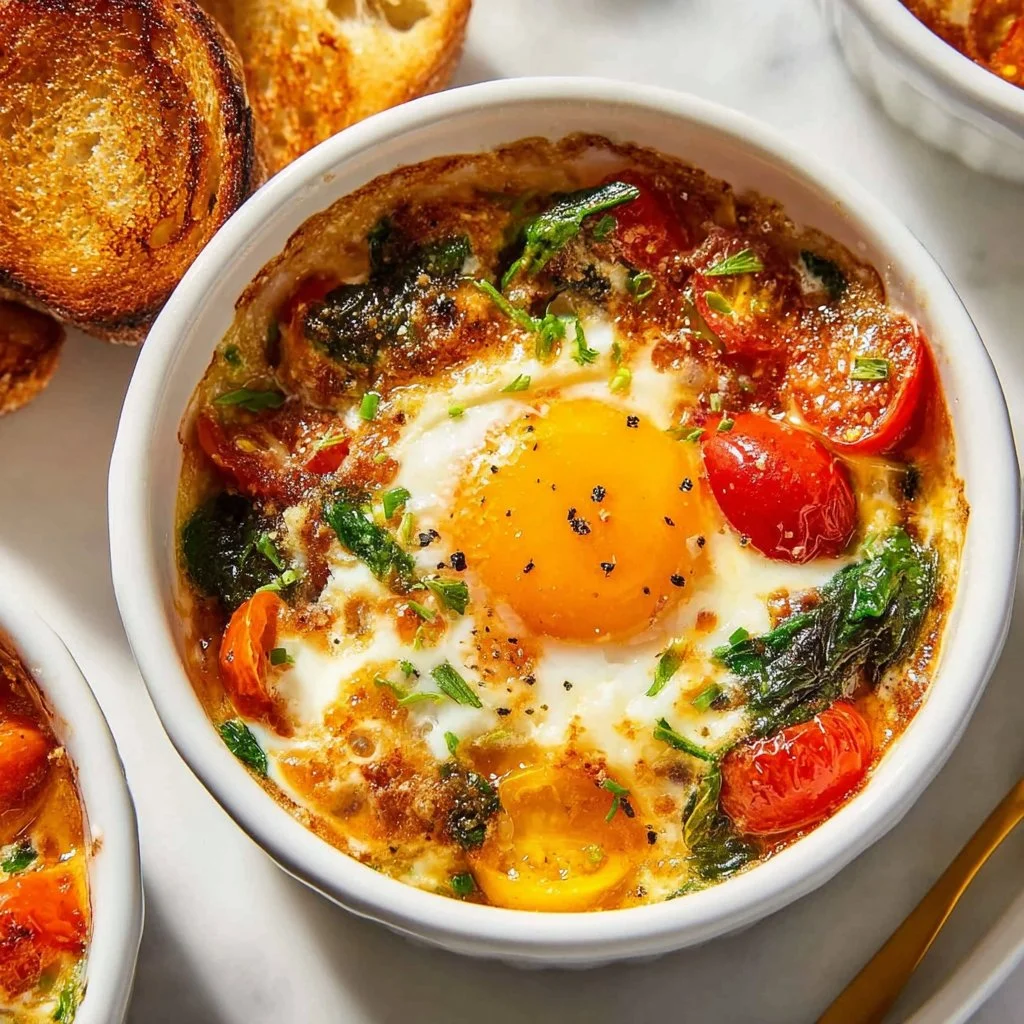 Baked Feta Eggs with Tomatoes and Spinach 3 Baked feta eggs with tomatoes and spinach on a plate