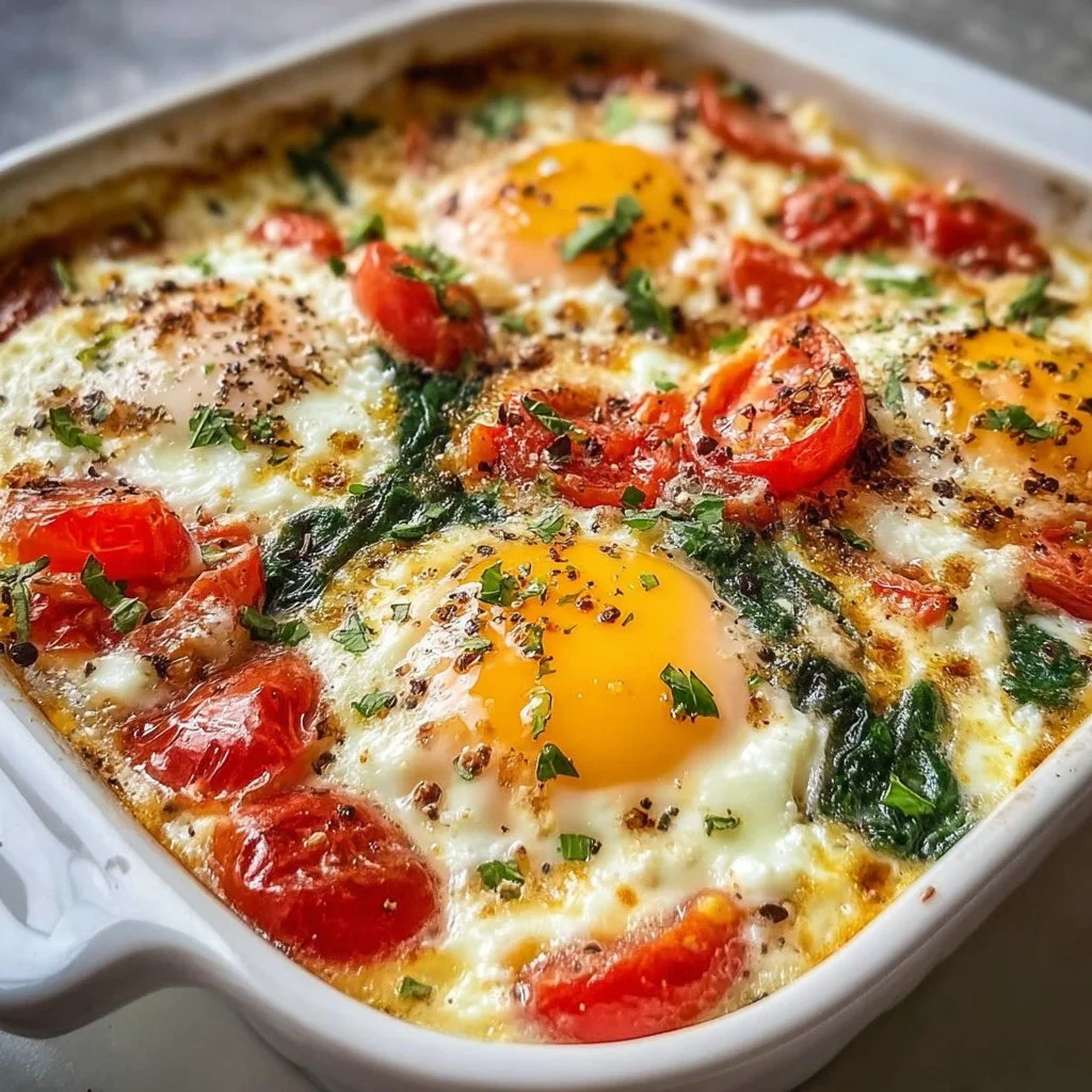 Baked Feta Eggs with Tomatoes and Spinach 2 Baked Feta Eggs with Tomatoes and Spinach