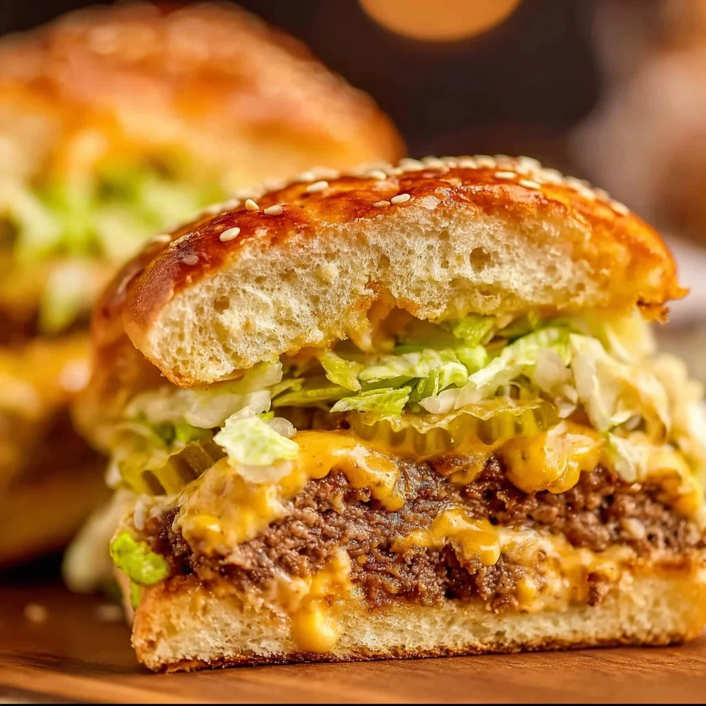 Big Mac Sliders 3 Delicious Big Mac Sliders served on a plate with fresh ingredients