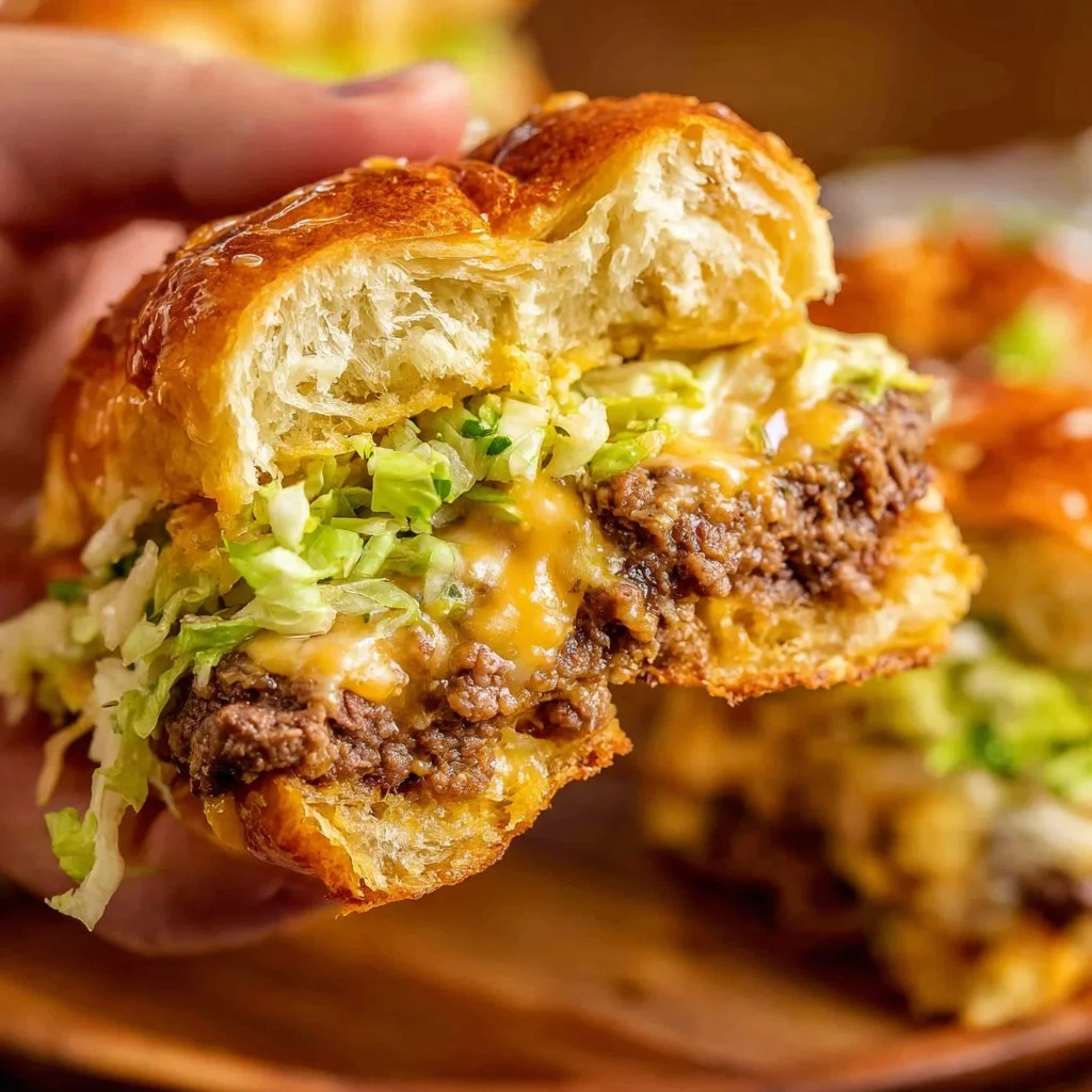 Big Mac Sliders 3 Big Mac Sliders served on a platter with toppings and condiments.