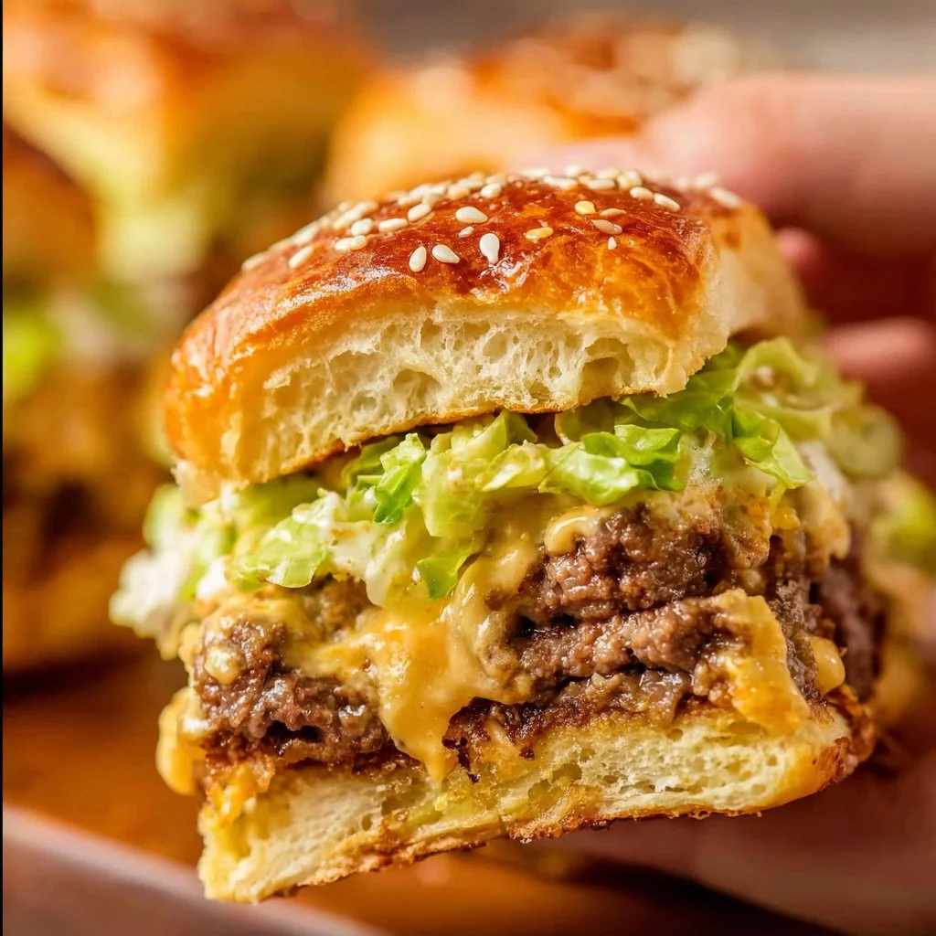 Big Mac Sliders 3 Big Mac sliders served on a platter with lettuce and special sauce