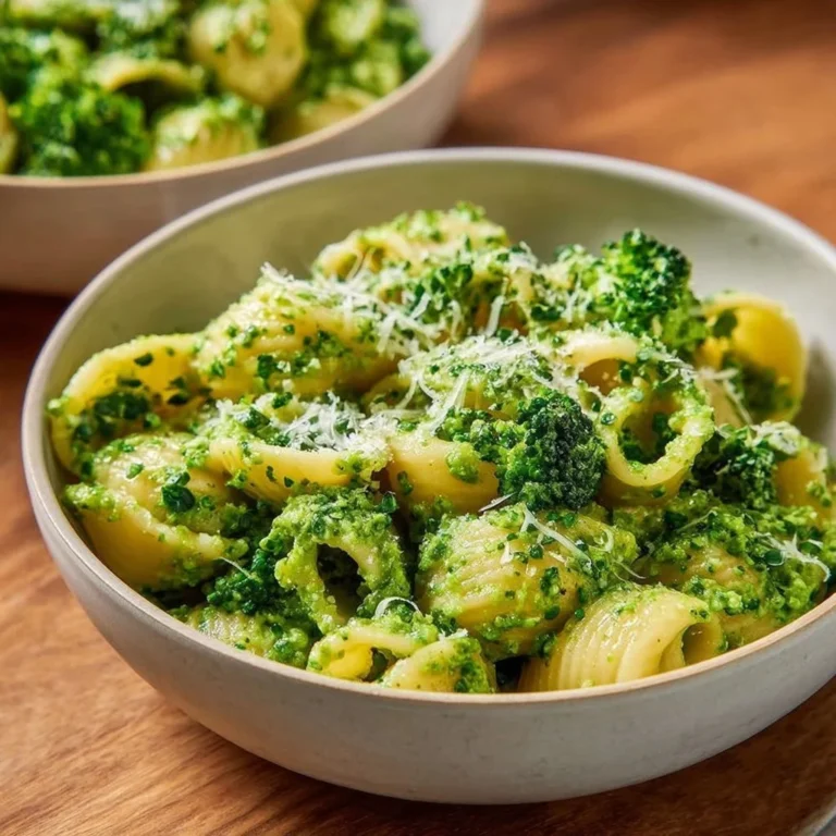 Bowl of broccoli pasta garnished with fresh herbs
