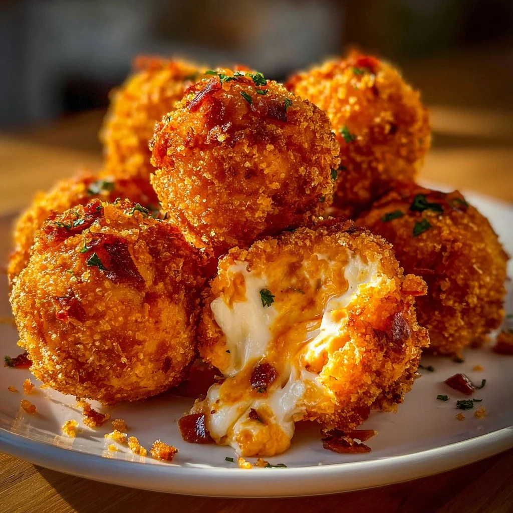 Buffalo Chicken Bacon Mozzarella Bombs for Game Day Bliss 3 Buffalo Chicken Bacon Mozzarella Bombs served on a platter for game day