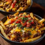 Delicious cheeseburger French fry casserole topped with melted cheese and crispy fries