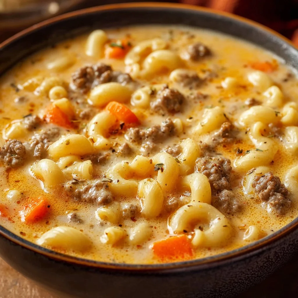 Cheeseburger Macaroni Soup: Creamy Comfort in Every Bowl 3 Bowl of creamy Cheeseburger Macaroni Soup with cheese and macaroni