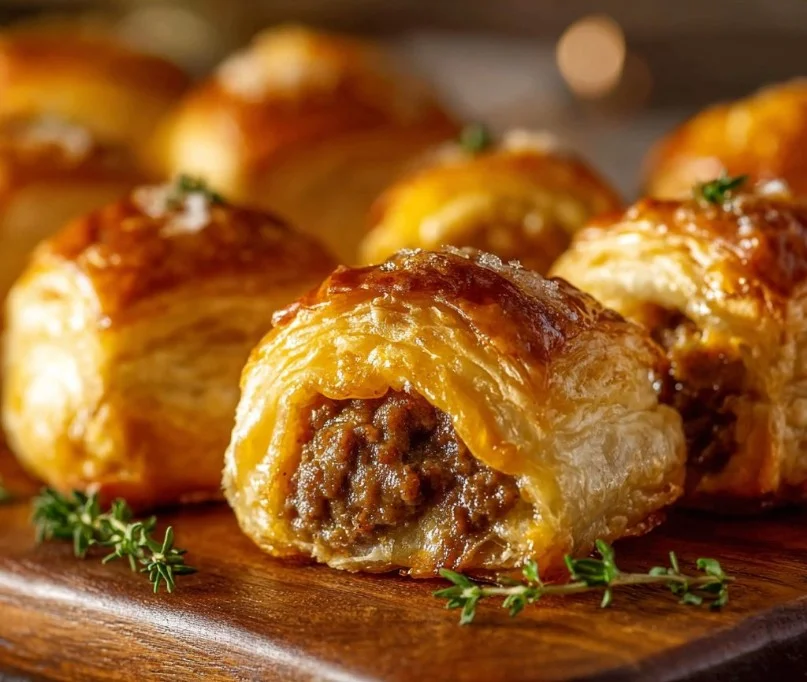 Cheeseburger Puff Pastry Bites 3 Delicious cheeseburger puff pastry bites on a serving platter