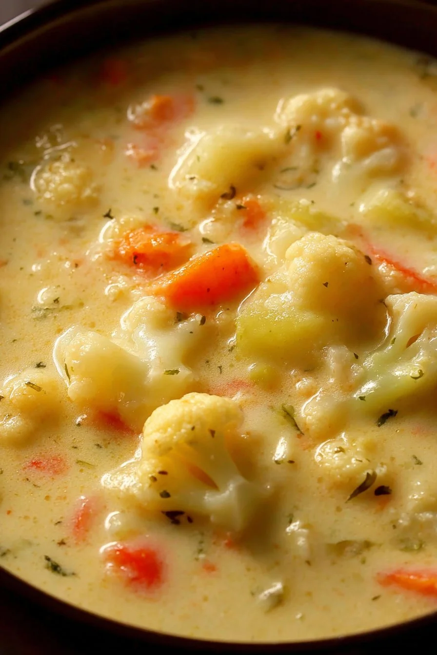 Cheesy Cauliflower Soup 1 Bowl of cheesy cauliflower soup garnished with herbs