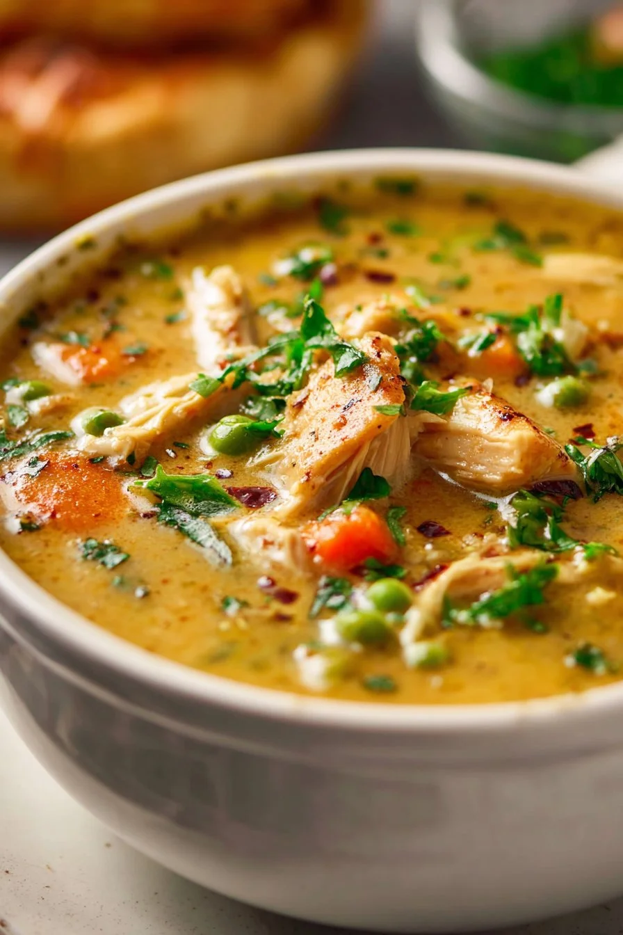 Chicken Pot Pie Soup Recipe 1 Delicious chicken pot pie soup in a bowl, garnished with fresh herbs.