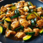 Delicious Chicken Zucchini Stir Fry served in a colorful bowl with veggies.