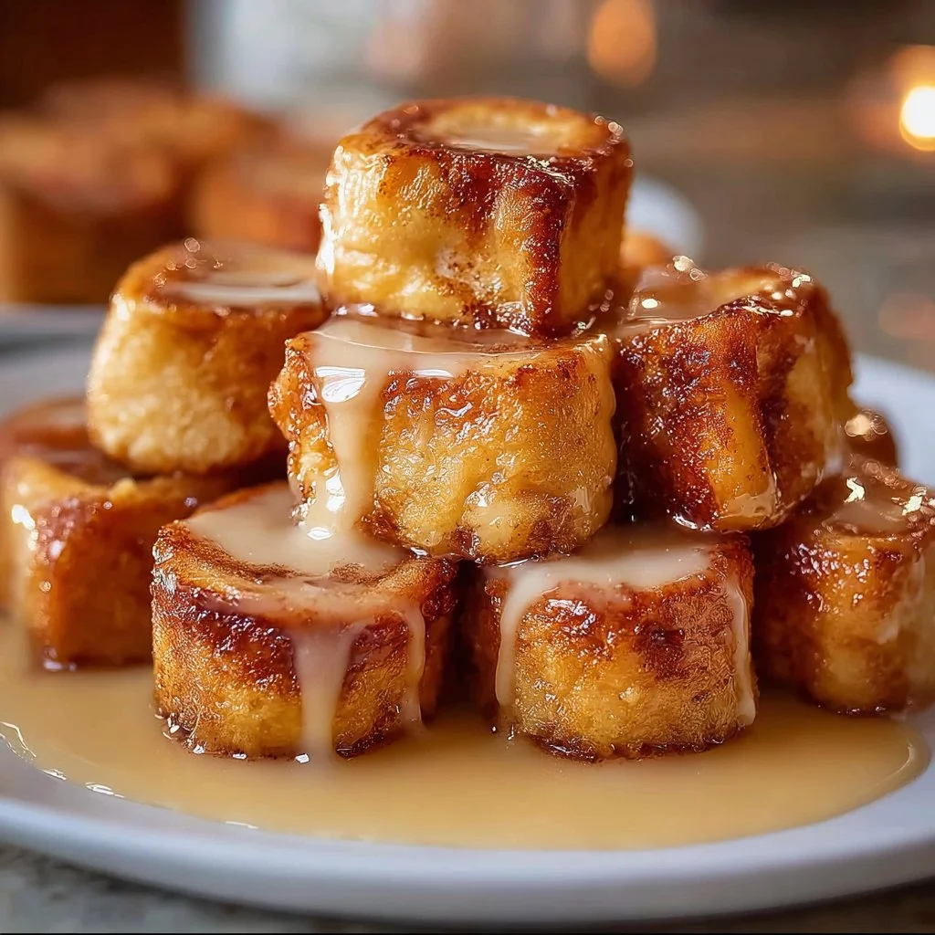 Cinnamon Roll French Toast Bites 3 Delicious cinnamon roll French toast bites served on a plate.