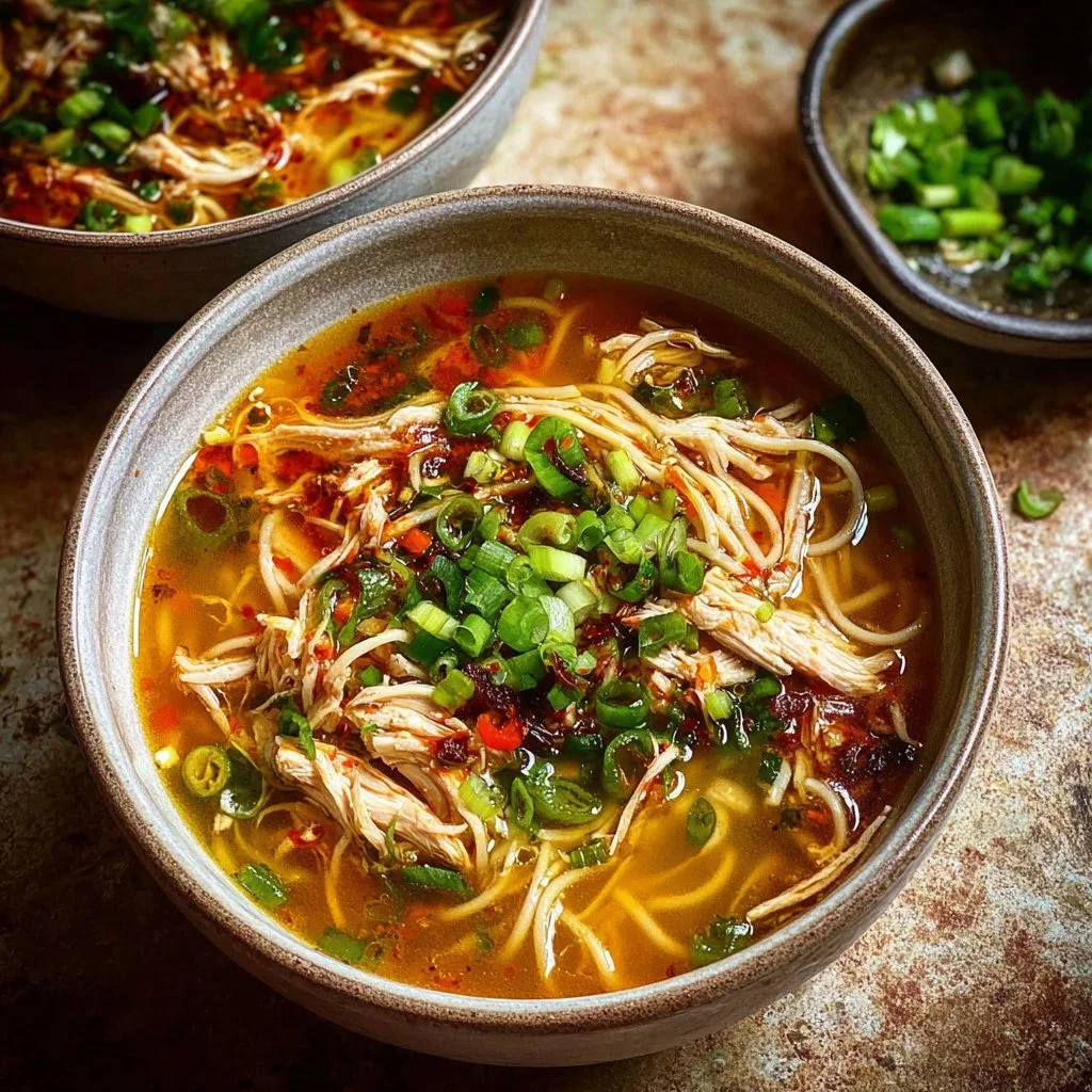 Classic Ginger Garlic Chicken Noodle Soup 3 Bowl of Classic Ginger Garlic Chicken Noodle Soup with fresh ingredients