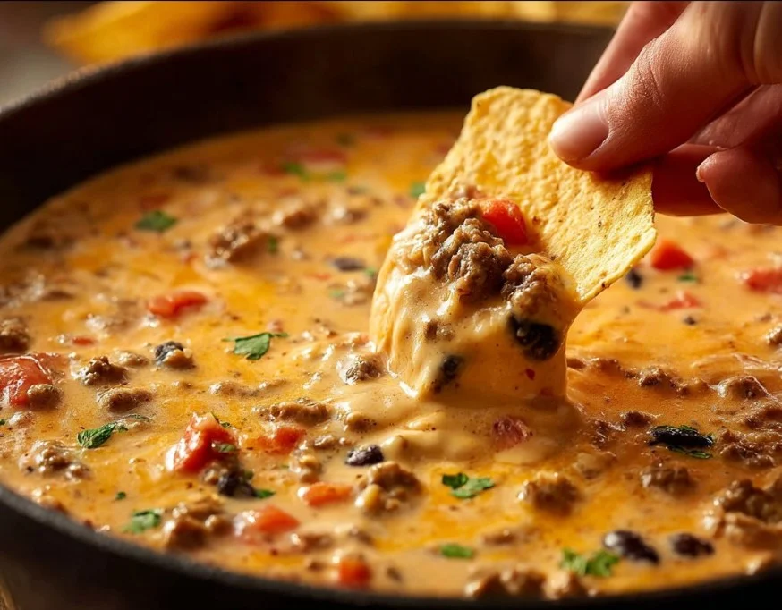 Cowboy Queso Recipe 3 Delicious Cowboy Queso dip served in a bowl with tortilla chips