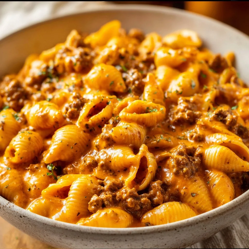 Creamy Cheesy Beef Pasta 3 Creamy Cheesy Beef Pasta served in a bowl with herbs and cheese topping.