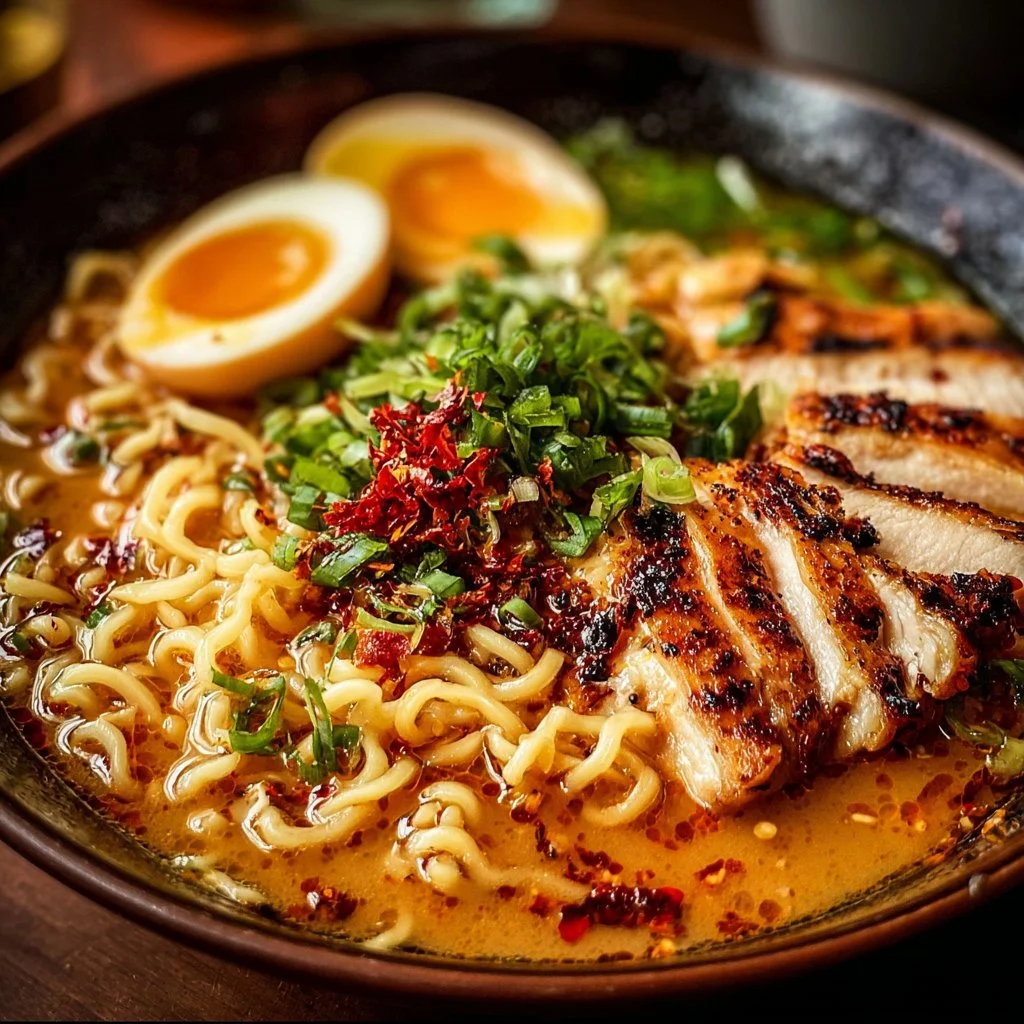 Creamy Garlic Chicken Ramen 3 Bowl of creamy garlic chicken ramen topped with herbs and vegetables.