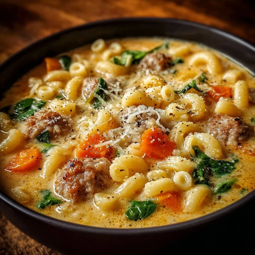 Creamy Parmesan Italian Sausage Ditalini Soup Recipe 3 Creamy Parmesan Italian sausage ditalini soup served in a bowl