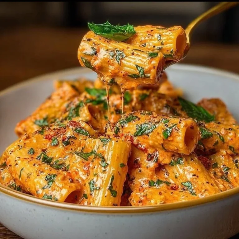 Home 6 Creamy tomato garlic pasta dish served with fresh herbs and Parmesan cheese.