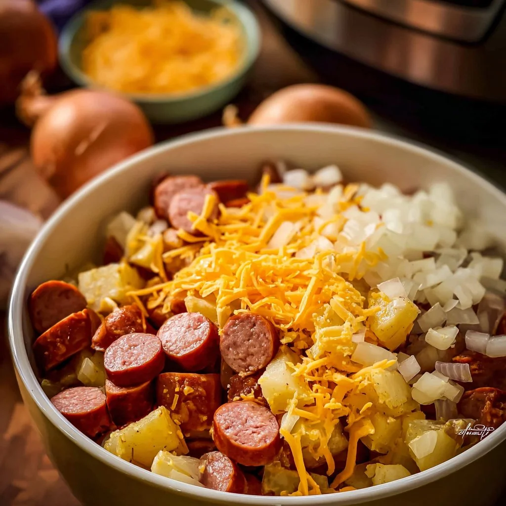 Crockpot Cheesy Potato Kielbasa Meal 3 Crockpot cheesy potato kielbasa meal served in a bowl
