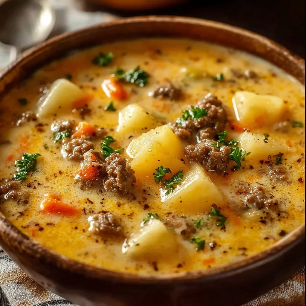 Crockpot Creamy Potato & Hamburger Soup 3 Crockpot creamy potato and hamburger soup in a bowl with toppings