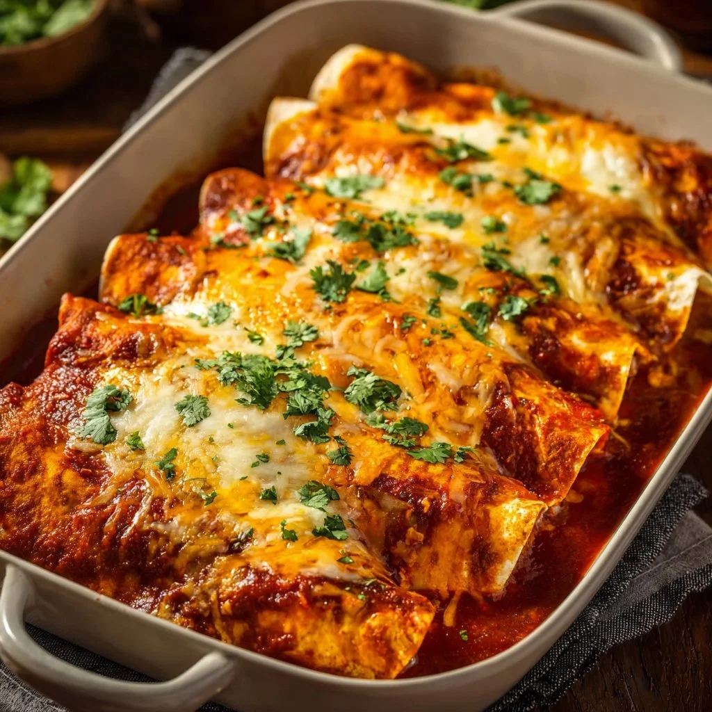 Delicious Chicken Enchiladas 3 Plate of delicious chicken enchiladas topped with cheese and sauce