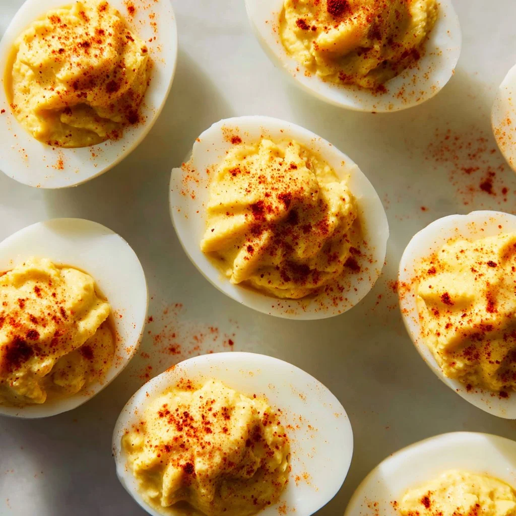 Deviled Eggs 3 A plate of beautifully garnished deviled eggs ready to serve.