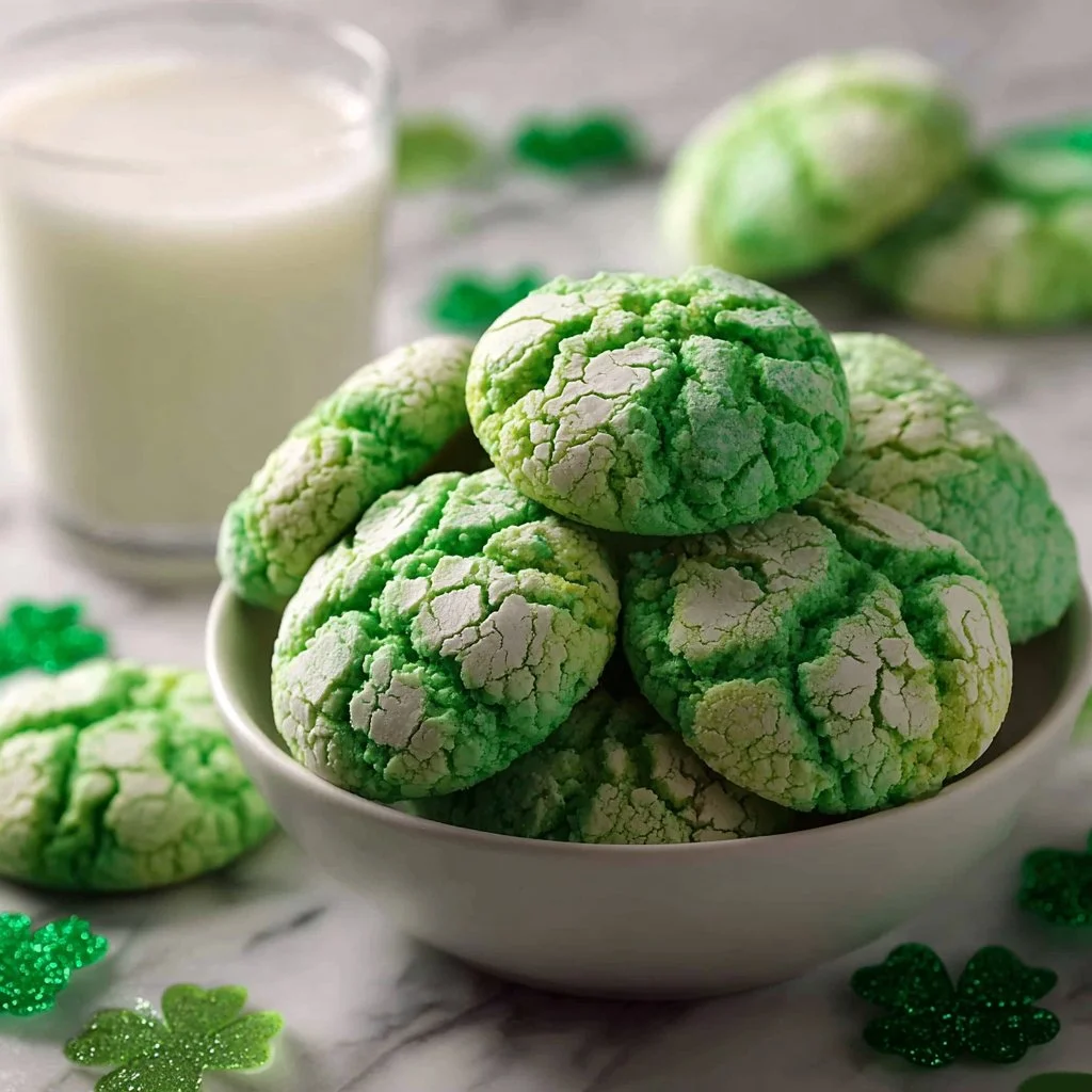 Easy St. Patrick’s Day Cookies 3 Decorative green St. Patrick’s Day cookies shaped like shamrocks and pots of gold.