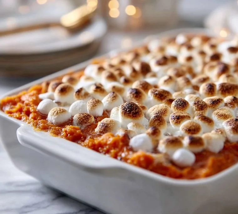 Easy Sweet Potato Casserole 3 Delicious easy sweet potato casserole topped with marshmallows and pecans