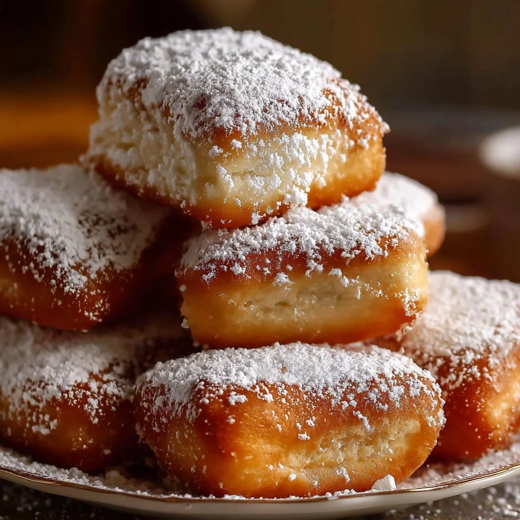 Easy Vanilla French Beignets 3 Plate of fluffy vanilla beignets dusted with powdered sugar