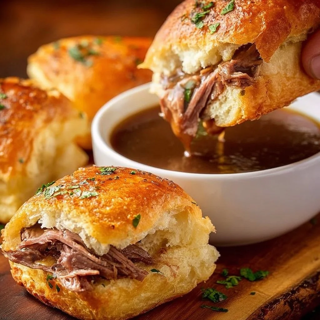 French Dip Sliders 3 French Dip Sliders with beef, cheese, and au jus served on a platter.