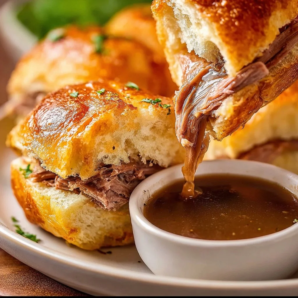 French Dip Sliders 3 Delicious French Dip Sliders with beef and cheese served with dipping sauce