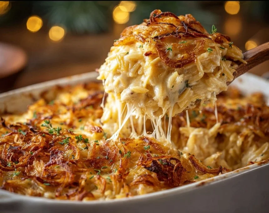 French Onion Chicken Orzo Casserole 3 French Onion Chicken Orzo Casserole dish baked with melted cheese and onions