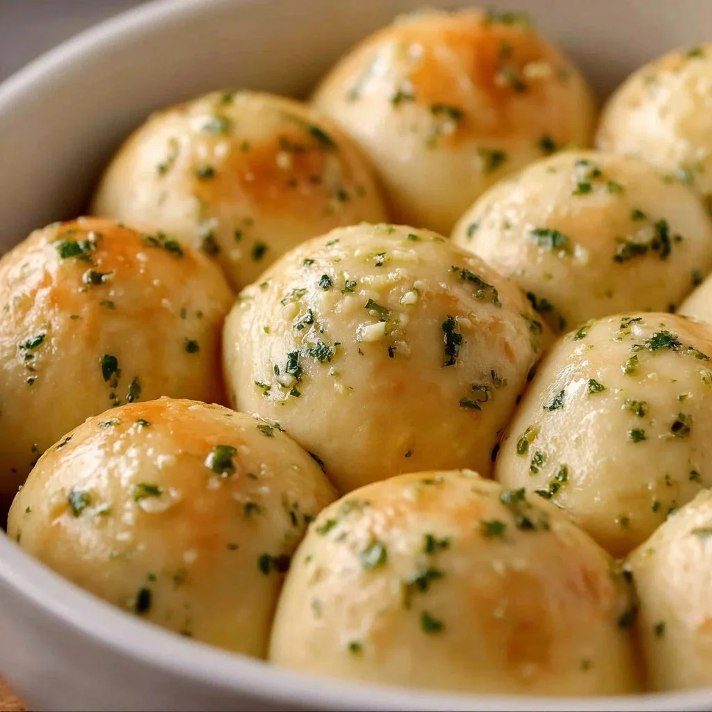 Garlic Bread Rolls 3 Freshly baked garlic bread rolls served on a rustic wooden table