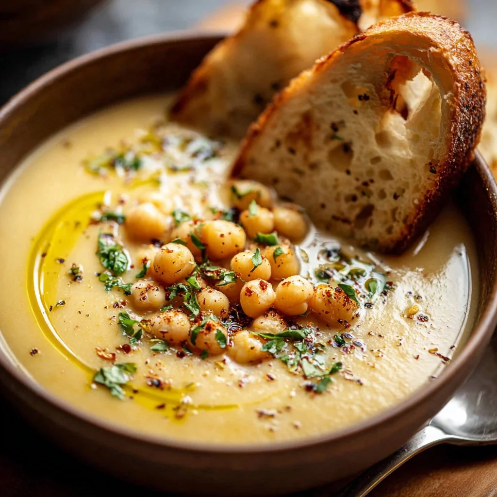 Garlic Chickpea Soup 3 Delicious bowl of garlic chickpea soup garnished with herbs and spices.
