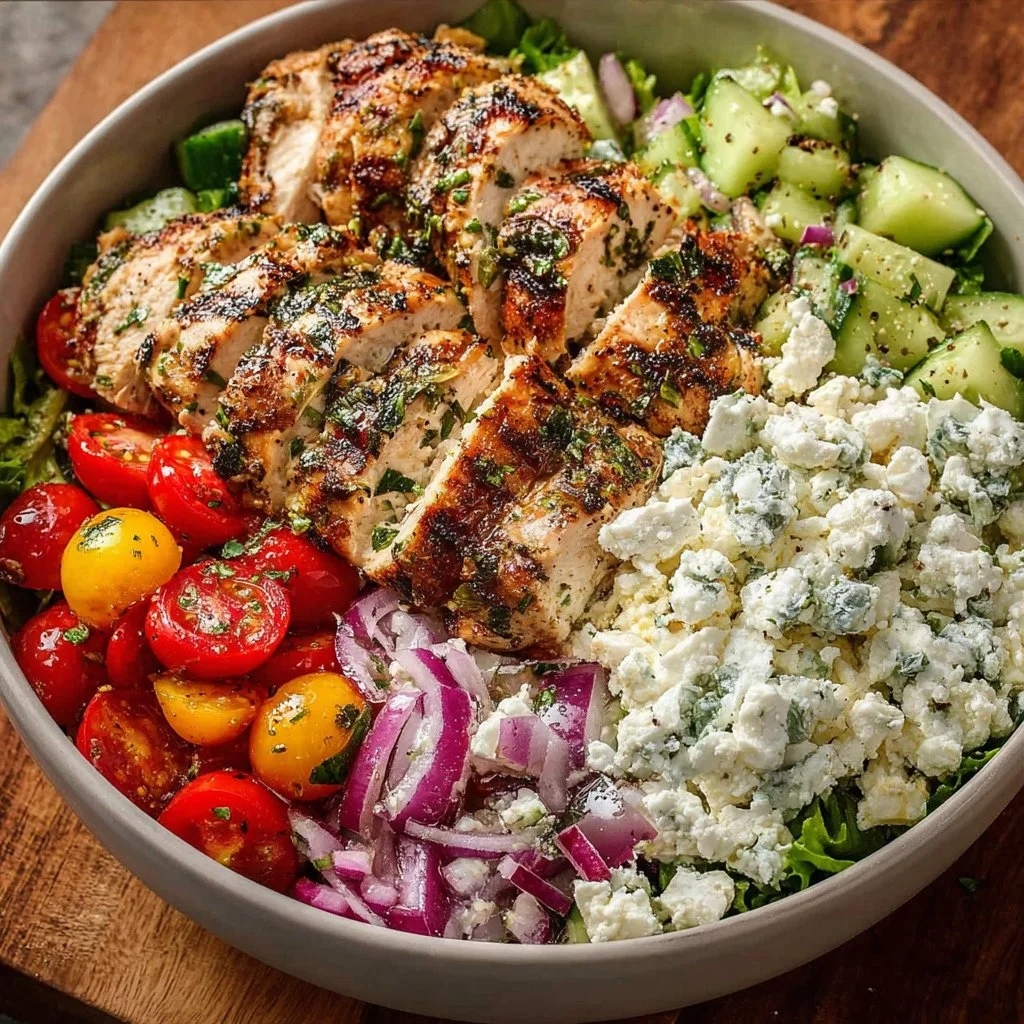Greek Chicken Bowls 3 Delicious Greek Chicken Bowl with fresh vegetables and herbs.