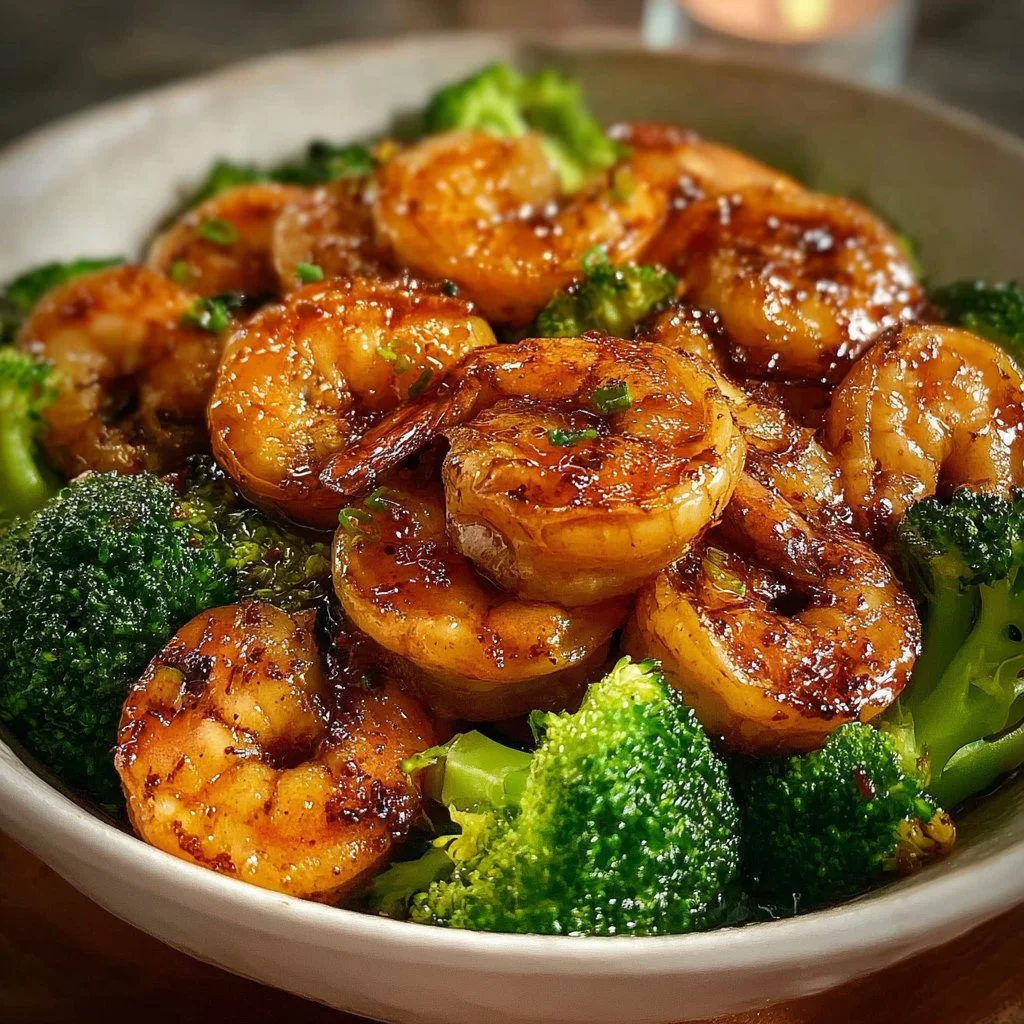 High-Protein Honey Garlic Shrimp 3 High-protein honey garlic shrimp served with vegetables on a plate
