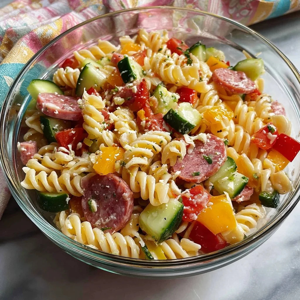High Protein Italian Pasta Salad 3 High Protein Italian Pasta Salad served in a bowl with fresh vegetables and dressing