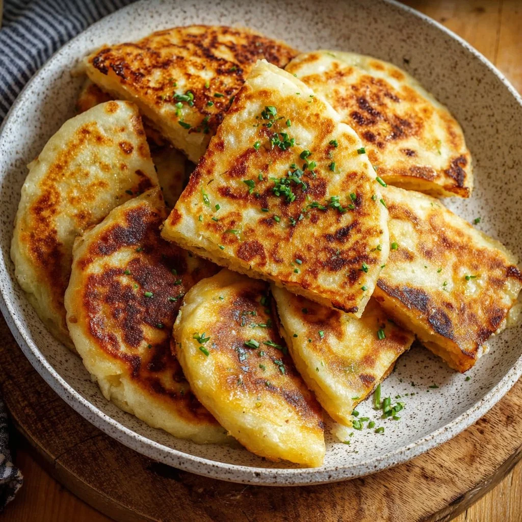 Irish Potato Farls 3 Irish potato farls served on a plate with butter and herbs